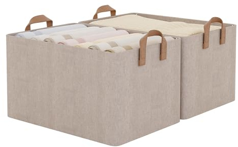 StorageWorks Extra Large Storage Baskets, Brown and Beige, 2-Pack | Foldable Boxes with Metal Frame, Fabric Boxes for Clothes, Wardrobe Organiser for Bedroom, Space-saving Design for Closets