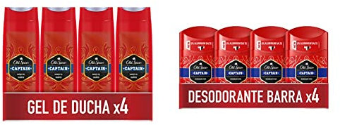 Old Spice Captain Gel de Ducha y Champú, para Hombres, 400 ml, PACK X4 & PACK X4 Captain Desodorante en Barra para Hombres, 50 ml