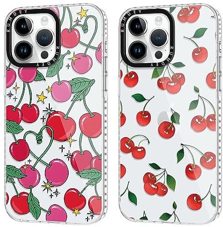 RUMDEY 2 Pack Cute Coquette Cherry Print for iPhone 14 Pro Max 6.7 Phone Case, Transparent TPU Aesthetic Design Clear Cases Soft Silicone TPU Shockproof Protective Fundas for Women Girls(Red Cherry)