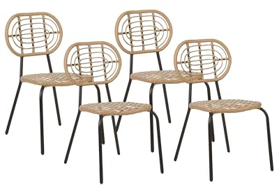 Beliani Gartenstuhl 4er Set Rattan natürlich beige mit Metallbeinen schwarz Pratello