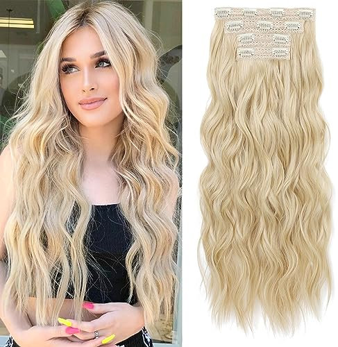 REECHO Clip in Extensions, 4PC Blond Hair Extensions Clip in Haarverlängerungen 60 cm Dicke Lange Strandwellen Haarteile Unsichtbare Spitze Natürliche weiche Haarteile - Natürliches Blond