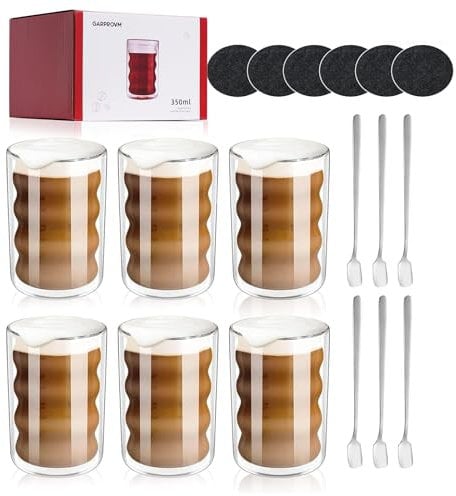 GARPROVM Verre Latte Macchiato, Verre Double Paroi 350ml Set Verre Double Paroi 6 Pcs avec 6 Cuillères et 6 Sous-verres Tasse en Verre Double Paroi Tasses à Expresso (350ml, 6 Pcs)