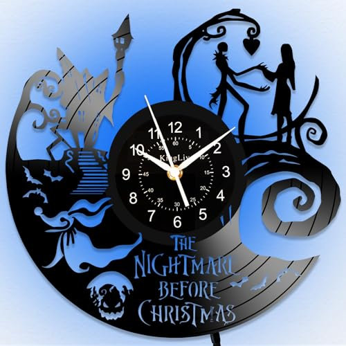 KingLive Christmas Nightmare Themed Wall Clock, Vinyl-Schallplatten-Uhr, 12 Zoll LED-Nachtlicht-Uhren, Weihnachts-Wand-Kunst-Dekoration, 7 Farben leuchtende Geschenke für Jack und Sally Liebhaber