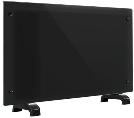 Electric Heater Glass Panel Radiator - Ultra Slim (11cm) - 2Kw - Adjustable Thermostat - Wall Mountable or Free Standing - Wall Bracket Included, Black