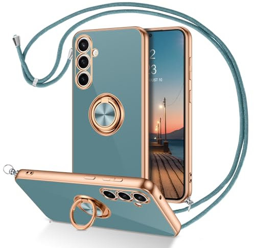 DUEDUE Coque pour Samsung S23 FE 5G Cordon avec Anneau Rotatif, Protection Caméra Souple Fine Doublure Microfibre, Coque Bague Corde Bandoulière Lanière Réglable pour Samsung Galaxy S23 FE, Gris Vert