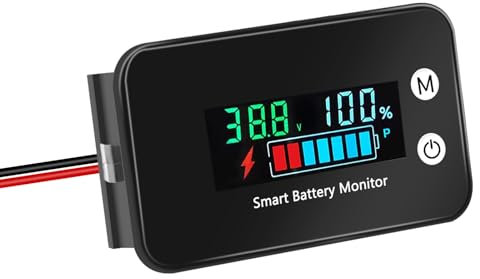IPX7 Wasserdicht Batterie Monitor, Batterieanzeige, DC 12v 24v 36v 48v 60v 72v Spannungsanzeige, Batterie Kapazität Messgerät mit Temperatursensor Alarm für Wohnmobil Golfwagen Boot Motorrad Auto