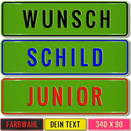 Kennzeichen Junior Schild 34cm x 9cm mit Wunschtext Wunschprägung Namenskennzeichen Namensschild 340x90mm Bobbycar Gokart Tretauto Kettcar Fun Schild (grün)