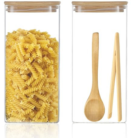 2 paquetes Tarros cocina Almacenaje Botes de Cristal con Tapa 1600ML Con cubierta de madera Botes Cocina Almacenaje Botes Cristal Para guardar Pasta, Frijoles, Arroz, Frasco Transparente (Vidrio)