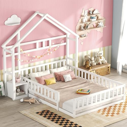 Kinderbett Hausbett 140x200 cm Rausfallschutz Bett mit Nachttischen, Bodenbett Bettgestell Flachbetten Holzbett Mit Rausfallschutz und Lattenrost für Kinder Jungen & Mädchen, ohne Matratze, Weiß