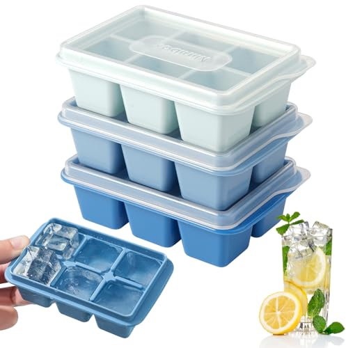 3 Stück Eiswürfelform Groß Quadratische Eiswürfel, 6-Fach Eiswürfelbehälter, Eiswürfelschale mit Deckel, Stapelbar, Einfachen Lösen, BPA-frei, für Bier Cocktails Whisky(10.8 * 6.8 * 3.5cm)