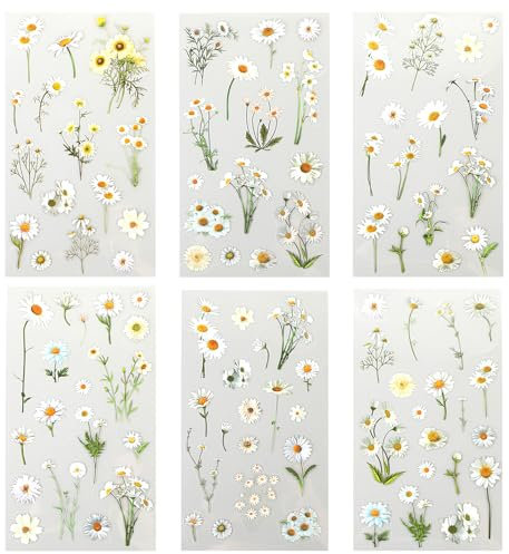 Daisy Stickers, 6 Pcs Decals for Crafts Waterproof Flower Stickers Transparent White Daisy Vinyl Flower Themed Decals for Scrapbook Supplies Card Making Journaling Water Bottles DIY Crafts Decoration