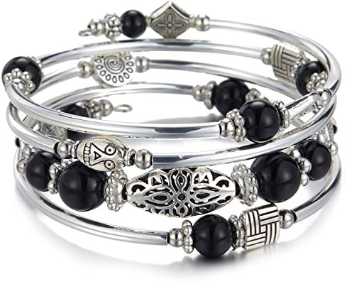 BULINLIN Pulsera Envolvente de Plata para Mujer Pulsera Multicapa de Cuentas de Plata Joyas Bohemio Cumpleaños Regalos para Madres(Black)