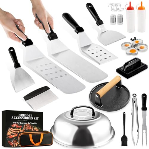 Grillzubehör-Set, 29-teilig, für Blackstone Flat Top Grillzubehör-Set für Campingkoch, Grillutensilien-Set mit Spatel, Burgerpresse, Backabdeckung, Schaber, Tragetasche, Grillgeschenke für Männer