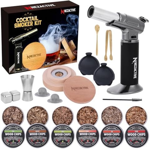Cocktail Smoker Kit with Torch - 6 Flavors Wooden Chips, spoon, accessories & 2 Ice Molds & Cubes, Old Fashioned Drink Smoker Kit with, bourbon, Whiskey Smoker Birthday Bourbon Gifts for Men,Husband