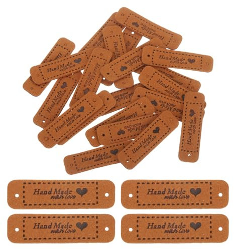 QUARKZMAN 20 Stück Handgemachte Leder Etiketten zum annähen Handmade Label PU Leder Handgefertigt Geprägtes Etikett für Verzieren Selbermachen Nähen Basteln, 55x15mm, Braun