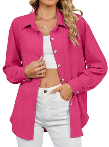 TMEOG Chemisiers et Blouses Femme Chemisier Manche Longue à Bouton Chemise Chic et Élégant Haut Décontractée Tee Shirt Basique Chemisier Col V Ample pour Femme(Rose,L)