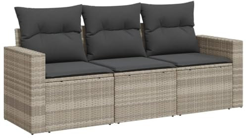 vidaXL Garten Sofa Garnitur 3-TLG., Gartenmöbel Set mit Kissen Stauraum, Sitzgruppe für Garten Terrasse, Modular Gartensofa Lounge, Hellgrau Poly Rattan