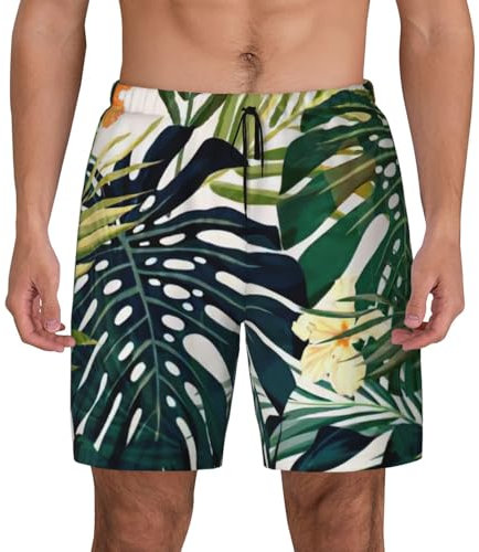 Costume da bagno da uomo con stampa tropicale estiva hawaiana con foglie di palma e foglie di palma pantaloncini ad asciugatura rapida, fodera in rete, traspirante per spiaggia e surf, nero, Small