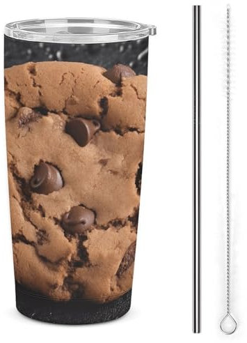 NHYDSPQ Tasse de voyage en acier inoxydable avec paille et brosse - Motif biscuits au chocolat - Anti-déversement - Tasse à café de voyage avec paille et brosse