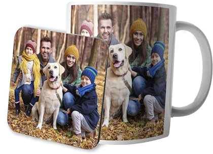 AK Giftshop Personalised Photo Printed Mug and Coaster Set, 10oz, Ceramic, Customised Image Logo