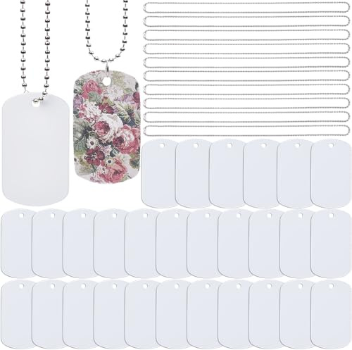 SOFPLATE 1 Box Mit 45 Sublimations Erkennungsmarken Rohlingen In Großpackung Mit Kette Weißes Aluminium Stanz Rohling Anhänger Wärmeübertragung Doppelseitige Sublimations Schlüsselanhänger Rohlinge Fü