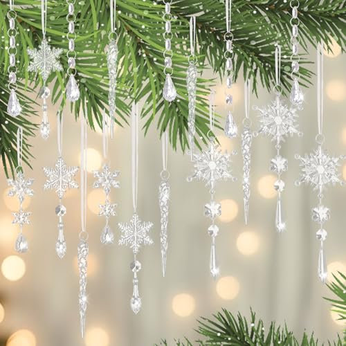 Skeadex Weihnachtsbaumschmuck, 18 Stück Acryl Schneeflocken Eiszapfen Deko Anhänger, Transparentes Christbaumschmuck Eiszapfen Deko, Weihnachtsbaum Schmuck für Weihnachten Party Hochzeit Dekoration