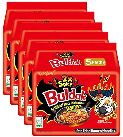 Samyang Chicken Ramen Noodles (140 x 5) Gram - Instant Korean Style Spicy Flavour - Quick & Delicious Instant Chewy Noodles (Pack of 5, Samyang 2xSpicy Noodles)