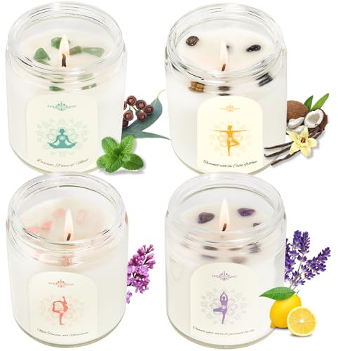 Coffret Cadeau de Bougies Parfumées à la Cire de soja Naturelle - 4 Bocaux en Verre aux Parfums de Noix de Coco, de Citron, de Lilas et D'eucalyptus - Durée de Combustion de 45 à 50 Heures
