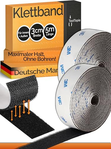 Klettband Selbstklebend Extra Stark Outdoor & Indoor 30mm x 5m schwarz (3M Markenkleber), Klett I Klettverschluss Klebeband, Tape für DIY, Basteln, Haushalt, Nähen...ToolTopia Handwerksqualität