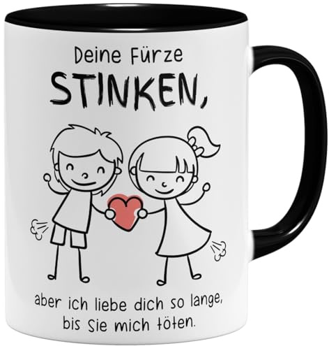 OM3® Valentinstag Liebestasse Kaffee-Tasse mit Spruch - Deine Fürze stinken Ich liebe Dich trotzdem - Love Partnertasse - Keramik Becher - 325ml - Beidseitig Bedruckt - Schwarz