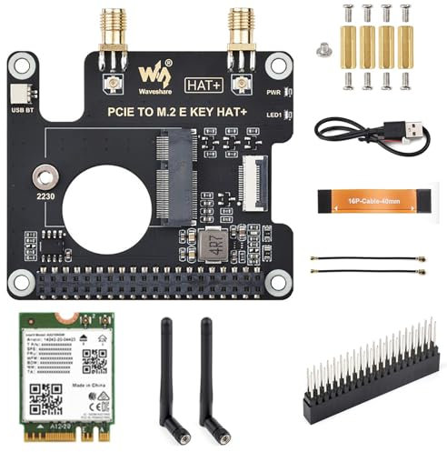 PCIe to M.2 E Key HAT for Raspberry Pi 5, Compatible with NGFF M.2 E Key Wireless NIC, Supports USB Bluetooth & HAT+ Standard, Includes AX210 WiFi 6 Module & Antennas, Raspberry Pi 5 PCIe Expansion