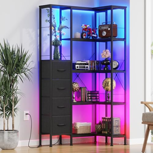 AFLUI 5-Tier Corner Bookshelf with LED Light Strips, 4 Fabric Drawers