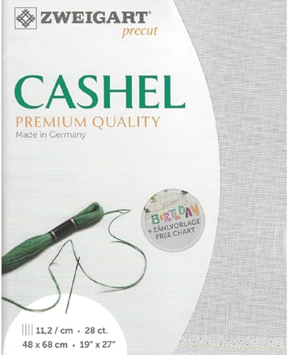Zweigart Zählstoff CASHEL Precut 28 ct. 3281 Farbe 705 perlgrau, Handarbeitsstoff aus 100% Leinen für Stickerei 48x68 cm