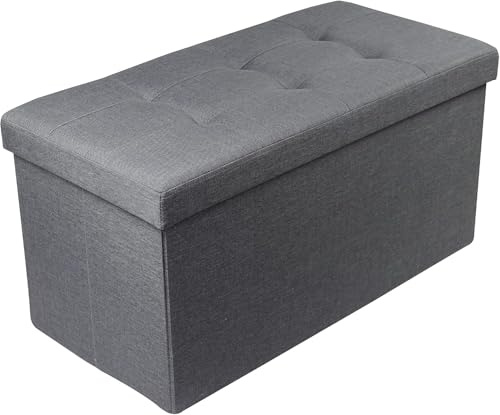 Large Ottoman Foldaway Storage Blanket Toy Box Bench Twill Linen with Buttons Folding Footrest, Toy Box & Blanket Chest for Home (Grey, 76cm x 38cm)