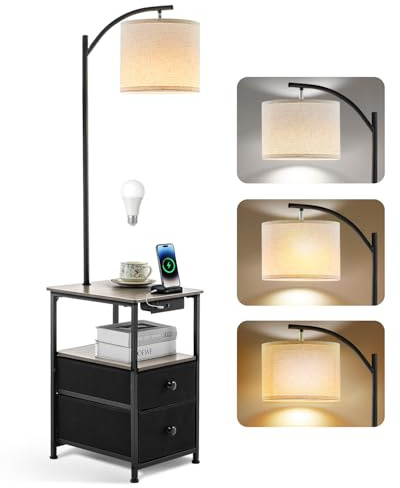 Stehlampe mit Tisch und 2 Schubladen, Nachttischlampe mit USB & Typ-C Ladefunktion, Stehleuchte mit 3 Farbtemperaturen und verstellbarem Lampenschirm, LED Stehlampe für Wohnzimmer und Schlafzimmer