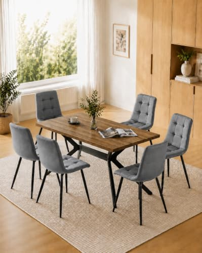 LEWE esstisch Holz mit 6 Dunkelgrau Holländischer Samt stühlen Set | Dunkle Rechteckig Tischplatte 140 x 80 cm, Stuhl-und Tischbeine aus Metall, ergonomisch, geeignet für Küche Wohnzimmer