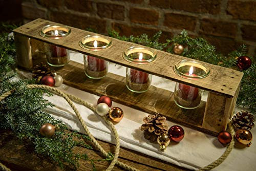 Adventskerzenhalter oder Adventskranz aus Altholz mit 4 Weck-Gläsern, 4 roten Kerzen + Dekosand zum Aufhängen oder Hinstellen