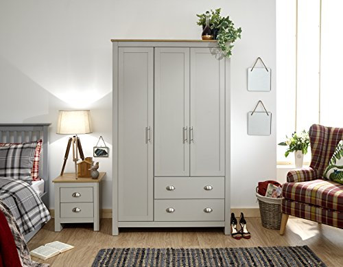 GFW Furniture Lancaster 2 or 3 Door Wardrobes with 2 Drawers, Oak Tops & Metal Hnadles - Grey