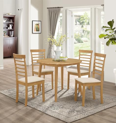 Hallowood Furniture Ledbury Small Dining Table and Chairs Set 4, Round Wooden Drop Leaf Table and Cream Fabric Padded Seat Chairs, Dining Room Set for Four in Light Oak Finish