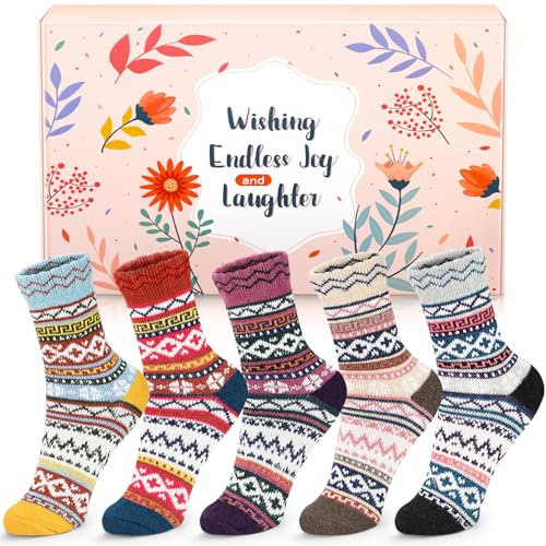 AUGOLA Thermal Winter Womens Socks, 5 Pairs Wool Warm Knitting Ladies Socks, Nordic Cosy Fluffy Vintage Style Soft Cotton Thick Bed Sock for Home Office School, Christmas Gifts for Women