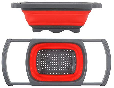 Jzhen Coladores Cocina, Cocina Plegable Colador de Silicona para Usar Encima de Fregadero, para Vegetales y Frutas, con Asas Extensibles Rojo