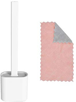 Revolutionary Silicone Flex Toilet Brush with Holder, Deep-Cleaning Silicone Toilet Brush No-Slip Long Plastic Handle, Quick Drying Flexible Bristles w/Towel Gift, Clean Toilet Corner Easily (White)