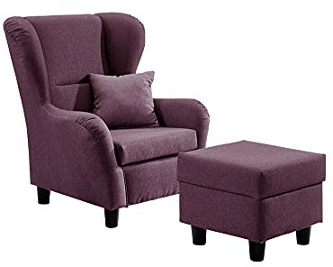 lifestyle4living - Moderner Ohrensessel mit Hocker – Große Auswahl an Stoffen und Farben - Gemütlicher Designer-Sessel im eleganten Landhaus-Stil, Lila