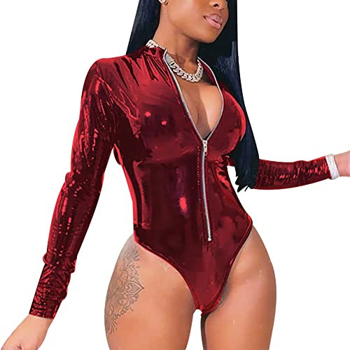 Tidecc Damen-Body aus Wetlook mit langen Ärmeln, Reißverschluss vorne, Bauchkontrolle, schmale Passform, Turnanzug, Clubwear, rot, 43624