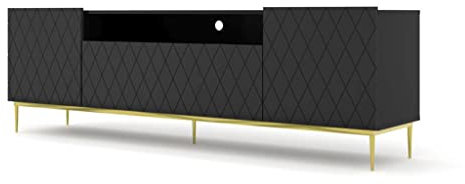 BIM Furniture Meuble TV Diuna avec 3 Portes + 1 Niche en Bois Et Pieds Dorés - Noir Mat - L 193 X P 40 X H 60 Cm