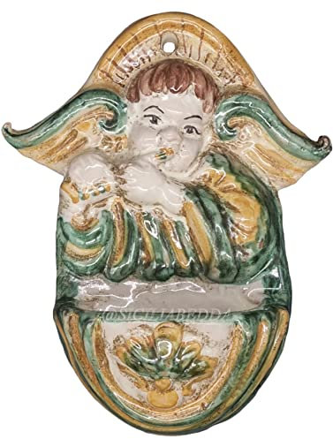 sicilia bedda - Acquasantiera in Ceramica di Caltagirone - Prodotto interamente a Mano di Alta qualità (Angelo con Flauto Verde e Arancio 13x10)