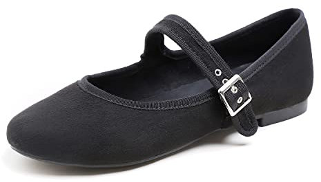 Feversole Women's Soft Breathable Mary Jane Memory Foam Cushioned Comfort Round Toe Metal Buckle Flats Walking Shoes Black Suede Size UK 5