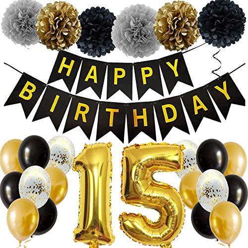 Feelairy Ballons 15. Geburtstag Deko Mädchen, Schwarz Gold Geburtstagsdeko 15 Jahre Junge, Happy Birthday Deko Konfetti Luftballons Deko 15 Geburtstag Mädchen Junge 15 Geburtstag Deko Kinder