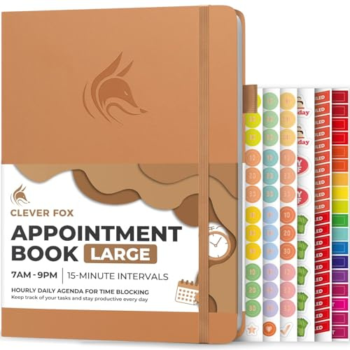 Clever Fox Appointment Book, 15-Minute Daily Planner, Undated Sandstone | Large 21x28 cm, 15 minute increments, Hardcover ourly book with time slots for women & men, Weekly pages & monthly calendars