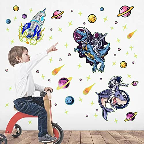 Wandtattoo Kinderzimmer Leuchtender Planeten, Leuchtsterne Wandaufkleber Jungenzimmer, Raum Astronaut Leuchtsticker, Leucht Aufkleber Selbstklebend, Babyzimmer Deko Wandsticker Geschenke für Junge